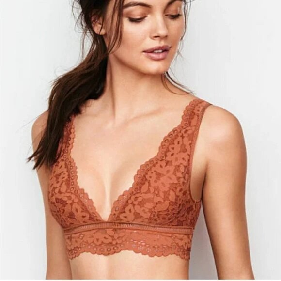 Victoria's Secret Rust Long Line Plunge Deep V Crop Lace Bralette Bra - Picture 1 of 8